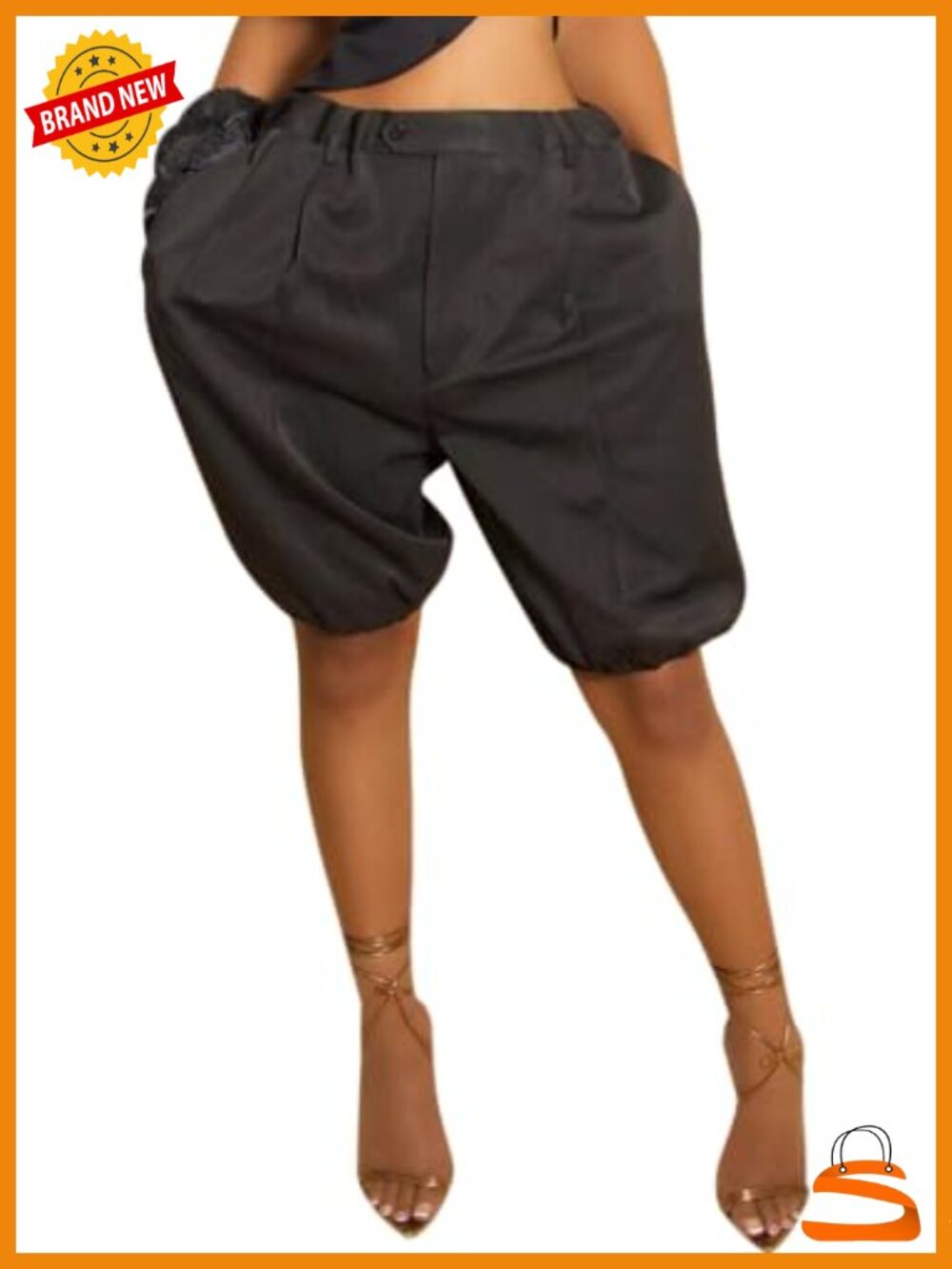 Women's High Rise Wide Leg Lantern Bubble Bermuda Shorts Elastic Waist with